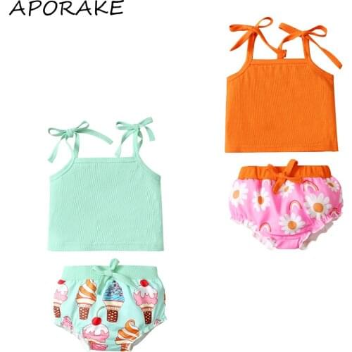 2021 0-18M Baby Girl Clothing Set Summer Sweet Sleeveless Crop Top+Bow Floral Rainbow Print Triangle Shorts Cotton Outfits 2pcs