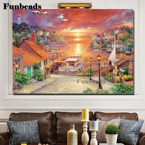 Diamond Painting Seaside villages, boats, piers Landscape Full Square/Round drill Diamond Embroidery Seagull at sunset FF5614
