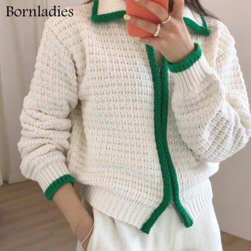 Bornladies 2021 Autumn Winter Women Waffle Sweater Tops Korean Style Long Sleeve Color Contrast Zipper Knitted Cardigan Coat