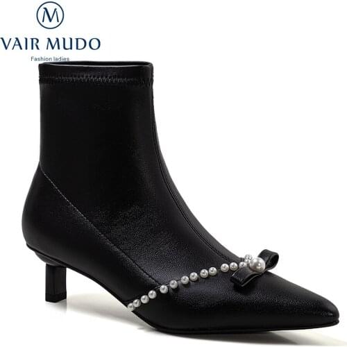 VAIR MUDO Ankle Boots Shoes High Heels Pointed Toe Modern Boot Autumn Winter Black White Concise String Bead Adult Shoes DX56L