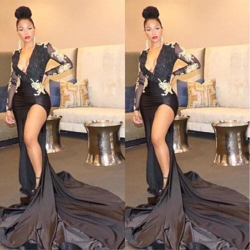 Black Long Sleeve V-Neck Mermaid Satin Thigh-High Slits Plus Size Evening Dresses Girl Prom Party Gown Birthday prom dresses