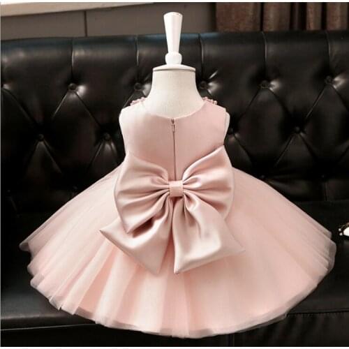 Cute High Quality Customized Baby Girls Birthday Party Dresses with big Bow Pearls Tulle Little Princess Clothes Size 2-10Y