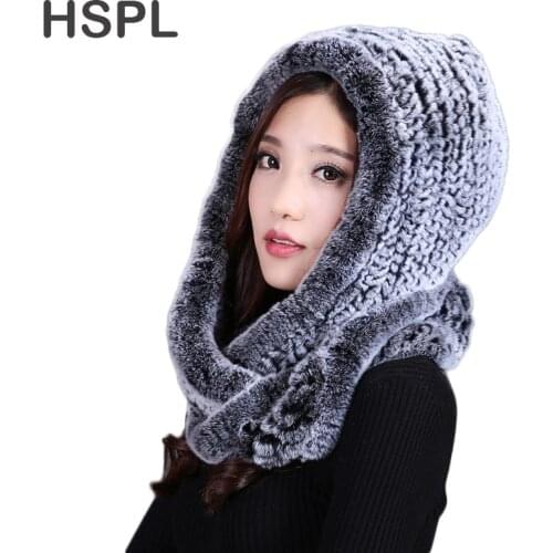 HSPL Fashion Winter Rex Rabbit Fur Knitted Hat With Scarf For Girls
