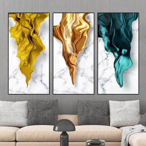 Luxury Gold Yellow Green Ribbon Brush Painting On Canvas Chinese Abstract Poster Prints Wall Art Porch Nordic Home Decoration