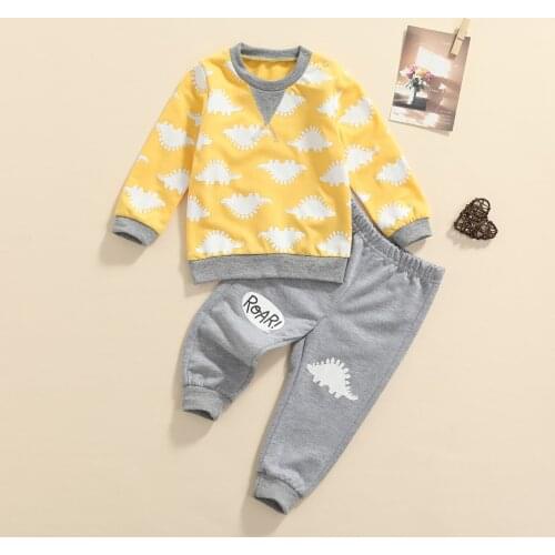 0-24 Months 2 Pieces Kids Suit Set Newborn Babys Sets Cartoon Dinosaur Print Round Neck Long Sleeve Pullover+ Trousers Boys