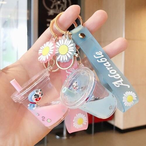 Cartoon Floating Cat Milk Tea Cup Keychain Liquid Quicksand Oil Floating Bottle Keyring Couple Bag Pendant Acrylic Key Chains