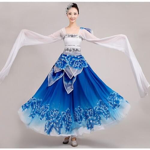 New blue long sleeves classical dance clothing women Embroidery art fan/yangko dance costumes fairy stage wear