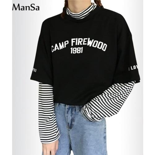 Autumn Women letter print T Shirt Casual Boyfriend tshirt Harajuku loose Striped patchwork Female T-Shirts streetwear black Tops