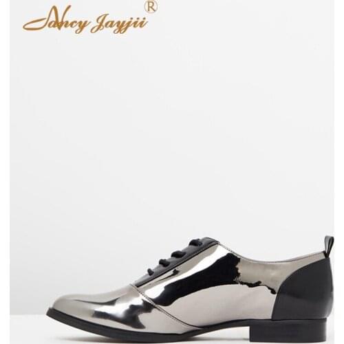 Slivery Oxfords Flats Mixed Color Lace Up Reflective Loafers Dress Party Womens Flat Shoes Round Toe Plus Size 44 45 NANCYJAYJII