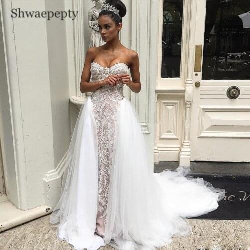 Shwaepepty Strapless Lace Wedding Dresses With Detachable Train Overskirts Appliques Sweetheart Bridal Gowns Vestidos de Novia
