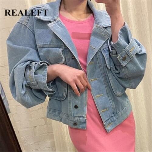REALEFT Womens Denim Jackets Vintage Blue Turndown Collar Korean Style Long Sleeve Autumn Winter 2021 New Outwear Coat Female