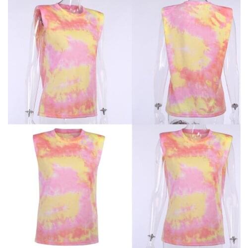 Women Gradient Tie-Dye Print Tank Top Sleeveless Shoulder Padded Slim Fit Vest