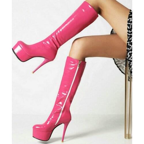 2021 Women Knee High Boots Platform Thin High Heel Ladies Calf Boots Patent PU Leather Round Toe Zipper Womens Boots Big Size