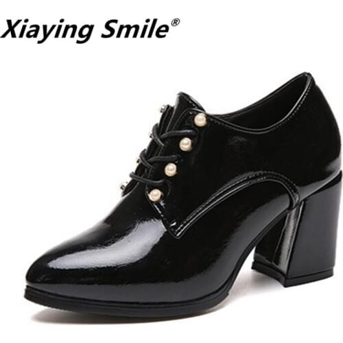Xiaying Smile Women Heel Pumps New Fashion Casual Shoes Spring Autumn Classica Pointed Toe Lace Up Shoes Ladies String Bead Shoe