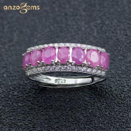 Anzogems African natural Ruby ring 925 sterling silver 1.55ct red gemstone fine jewelry for womens row band ring classic style