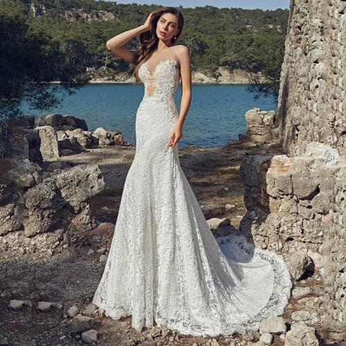 Sexy Mermaid Wedding Dress 2021 Sheer O-neck Sleeveless Appliques Sweep Train High Quality Lace Bridal Gowns