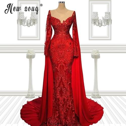 Red Lace Appliqued Evening Dresses for Women Wedding Long Sleeve Crystals Beaded Mermaid Prom Dress with Detachable Train