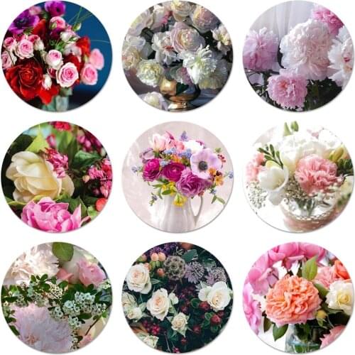 Pink Purple Peony Flower On the Vase Icons Pins Badge Decoration Brooches Metal Badges For Backpack Decoration 58mm