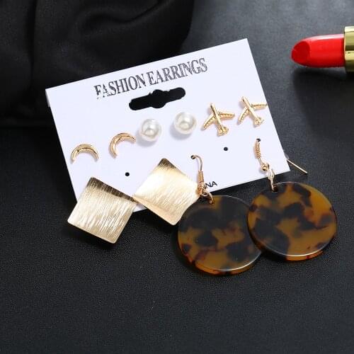 2021 Fashion Gold Airplane Horns Faux Pearl Geometric Square Round Pendant Earrings For Women 2021 Vintage Multilevel Jewelry