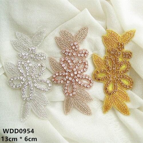 30pcs) Hand beaded bridal Rhinestone flower Applique patch gold iron on for wedding dress WDD0954