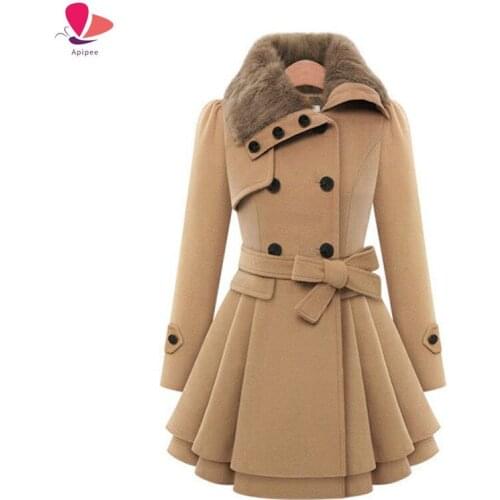 APIPEE Women Oversized Swing Double Breasted Pea Coat Buttons Wool Mid-Long Trench Coat with Belt Winter Coat Women Jackets
