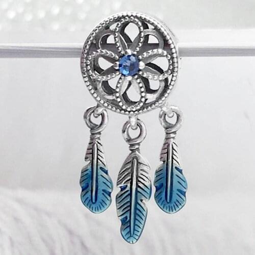 Openwork Flower Blue Feather Spiritual Dream Catcher Pendant Beads Fit 925 Sterling Silver Charm Pandora Bracelet DIY Jewelry