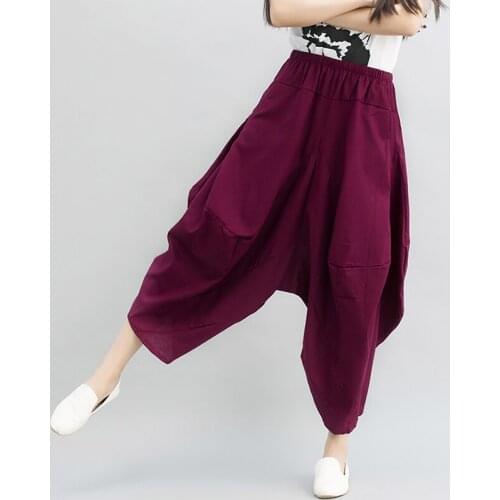 Wide Leg Harem Pants Trousers 2021 Chinese Style Streetwear Women Ethnic Vintage Elastic Waist Loose Long Cotton Linen Pants