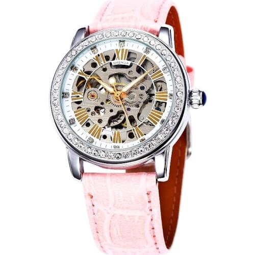 SHENHUA Watch Women Automatic Waterproof Top Brand Mechanical Watches Pink Self Wind Leather Hollow Clocks Elegant Ladies Watch
