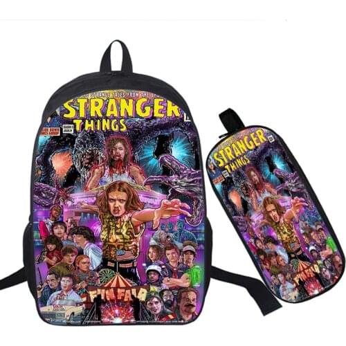 Fashion Stranger Things Backpack High Quality Canvas School Boys Bags Girls 2 Pcs Set Book Bags Mochila Pen Case Laptop Rucksack
