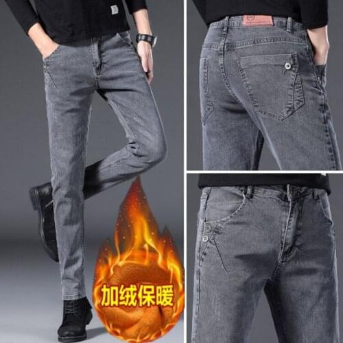 Fall/winter mens jeans straight leg plus velvet thick stretch warmth Korean version of slim pants youth casual business