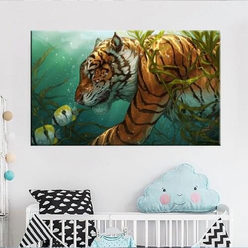 Wall Art Pictures Posters and Prints Wall Art Canvas Painting Tiger And Fish in The Water for Living Room Home Decorative Arts