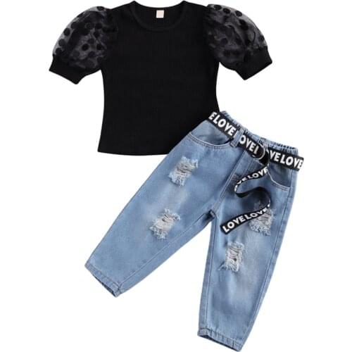 2021 New Summer Toddler Kids Baby Girls Clothes Tracksuit Sets Lace Puff Sleeve T Shirts Tops Denim Pants Belt Outfits 3pcs