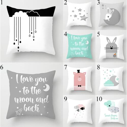 Simple Polyester Throw Pillowcase Cartoon Cloud Moon Star Pattern Cushion Cover White Grey Letters Printed Pillowslip Home Decor