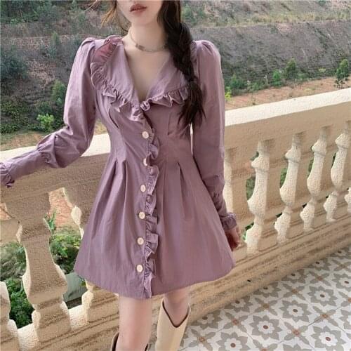 Korean Chic Shirt Dress Female 2021 Spring New Retro Puff Sleeve Mini V-neck Single Breasted Dress Vestidos