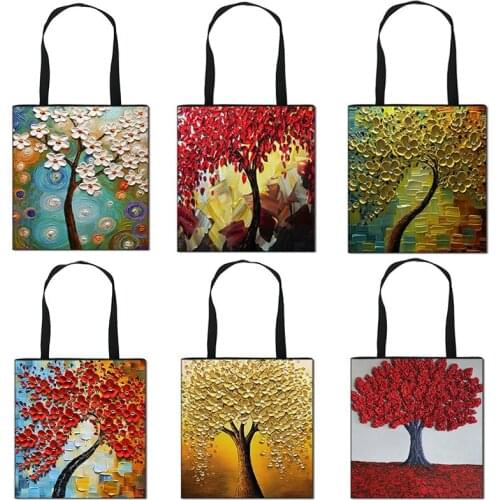Sakura Oil Painting Print Handbag Women Casual Shopping Shoulder Bag Travel Large-Capacity Storage Bags Foldable Tote bag