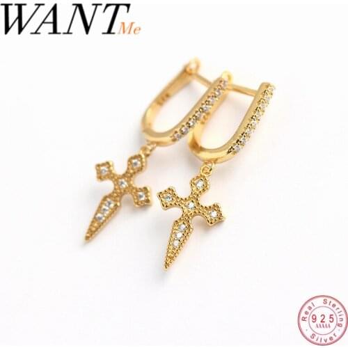 WANTME Luxury Real 925 Sterling Silver Baroque Pave Zircon Cross Pendant Drop Earrings for Women Retro Religious Punk Jewelry