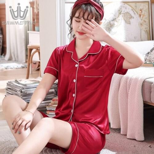 Summer Pajamas Women Silk Satin Pijama Short Sleeve Pyjamas Women Two Piece Sets Sleepwear Fashion LargeSize Pyjamas Nightwear