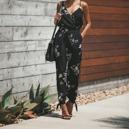 2019 Summer Women Jumpsuit Printed Sexy Backless Bodysuit Fashion Sling V-neck Jumpsuit Casual Tethered Playsuit With Pocket