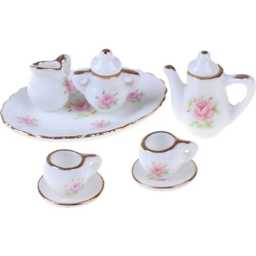 8Pcs/set Scale 1/12 Dollhouse Miniature Dining Ware Porcelain Tea Set Dish Cups Baby Kids Furniture Toys