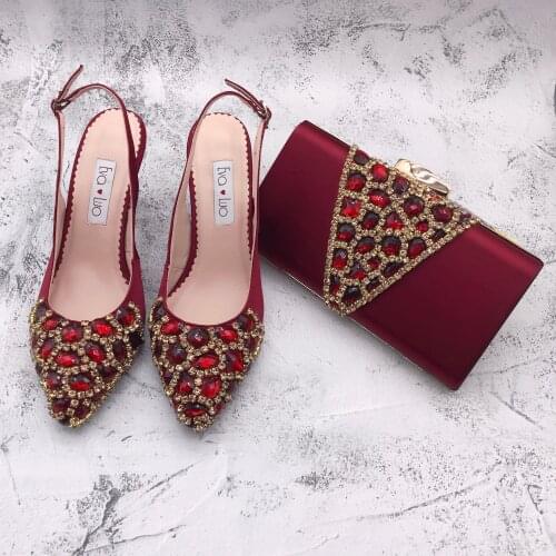 BS1247 Custom Made Slingbacks Women Bridal wedding Shoes Wine Red Gold Crystal Pointed toe Shoes with Matching Bags Set
