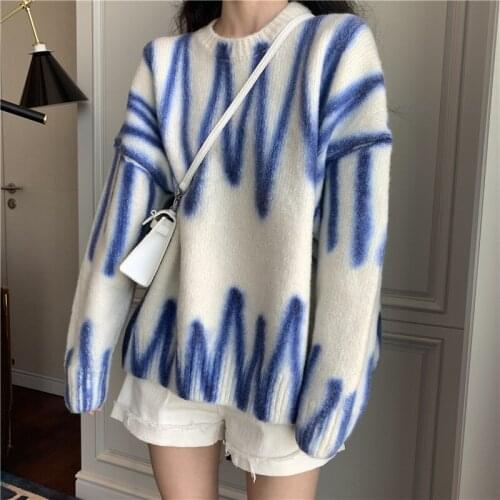 Long Sweaters for Women Autumn Winter Striped Print Pullovers Outerwear Womens Jumper O-Neck Loose Ladies Sweater Oversized