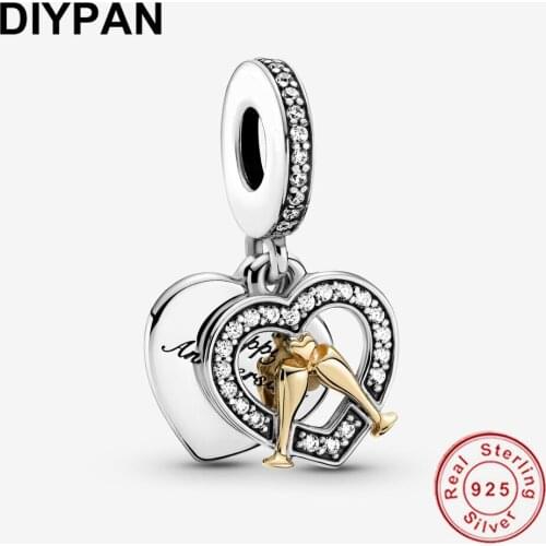 Two-tone Happy Anniversary Dangle Charm Fit Original Pandora Bracelet Charms 925 Sterling Silver Charm Jewelry Making Berloque