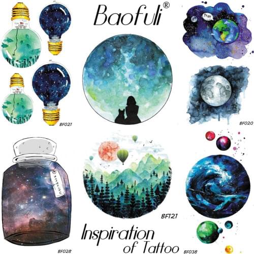 Cartoon Galaxy Planet Temporary Round Tattoo Sticker Blue Hill Tree Air Balloon Watercolor Tattoo Women Body Art Kids Gift Tatoo