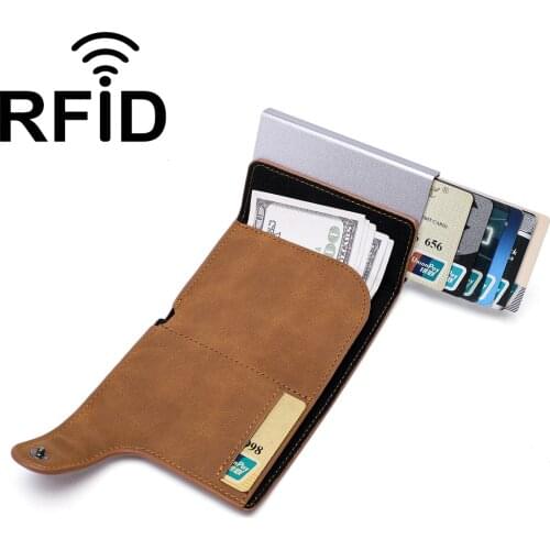 Man Business Credit Card Holder Rfid Slim Leather Wallet Pop-up Anti-theft Wallet With Note Compartment & Cards Metal Case
