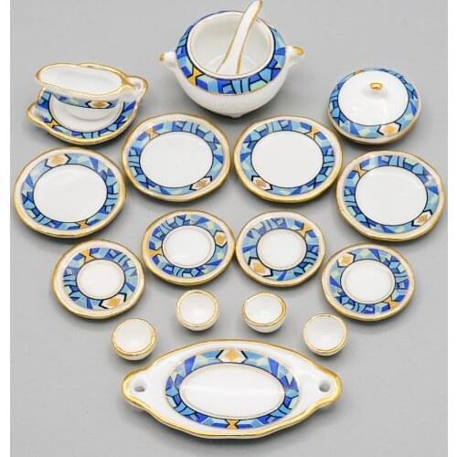 Odoria 1:12 Miniature 17PCS Tableware Mediterranean Blue Golden Trim Dinnerware Ceramic Kitchen Set Dollhouse Accessories Decor
