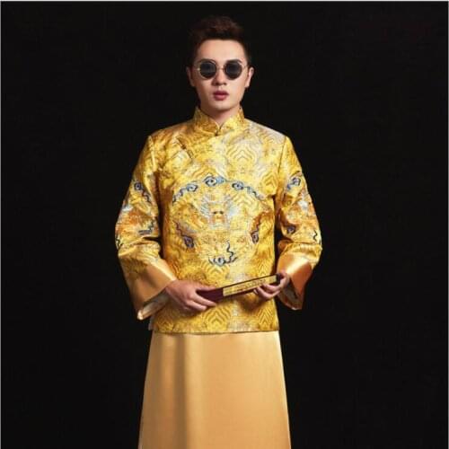 Asian Photo studio Wedding theme Clothes Xiuhe Mens Tang Robe Yellow Dragon Embroidered Gown Chinese Grooms Ancient Clothing