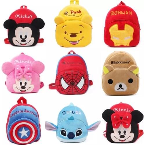 Anime Disney Mickey Mouse Minnie Cartoon Plush Backpack Toys Marvel Spiderman Pooh Stitch Figures Kids Kindergarten school bags
