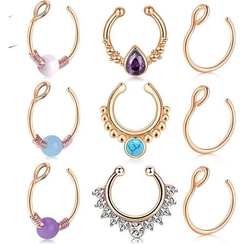 Fake Nose Ring Hoop Faux Septum Nose Rings Faux Fake Lip Septum Ring Non-Pierced Clip On Face Nose Ear Rings