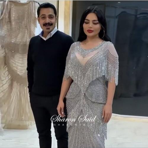 Luxury Dubai Beading Tassel Evening Dress Mermaid Gold Arabic Formal Dresses 2021 Elegant Women Long Silver Prom Party Gowns