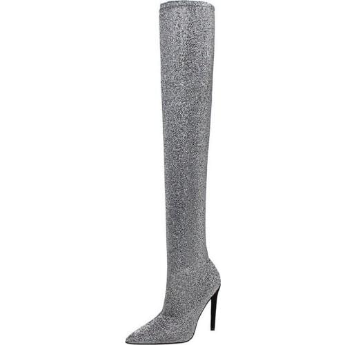 Thigh High Boots Women Sexy Nightclub Stiletto Super High-heeled Women Shoes Pointed Toe Sequin Cloth Over The Knee Boots Ladies